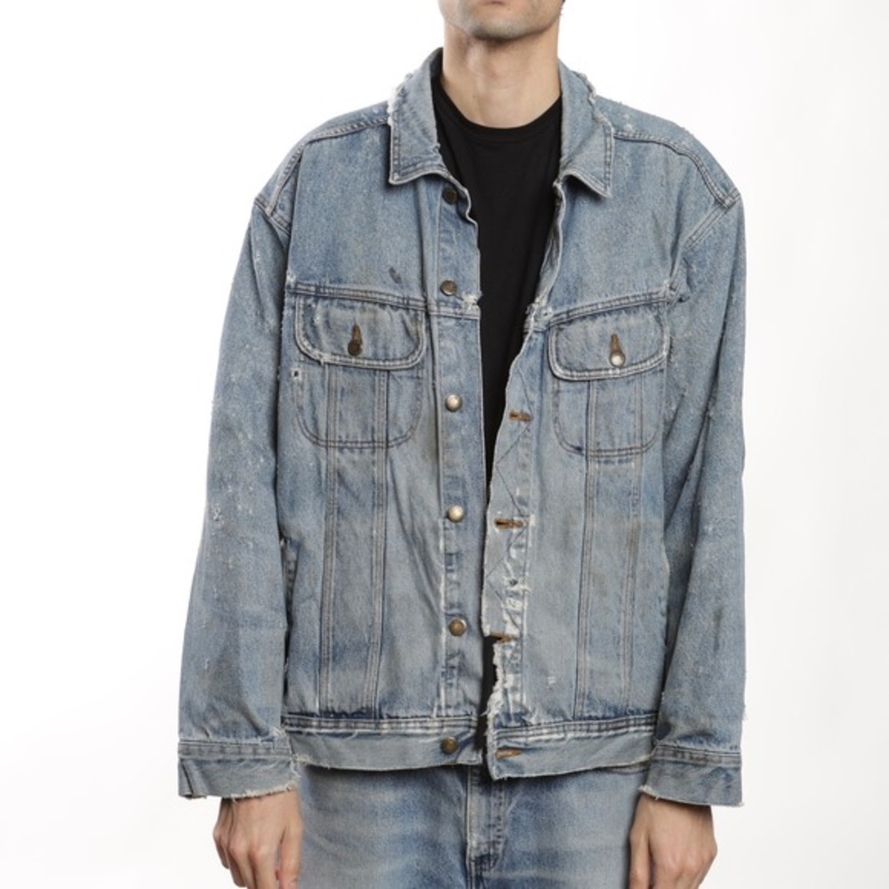Wrangler Rugged Wear Distressed Denim Jacket Men's XXL Blue‎ Trucker Style